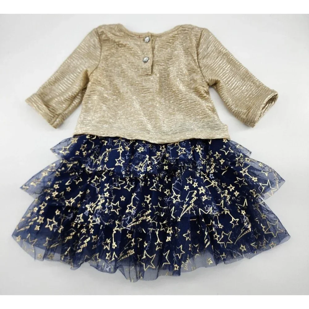 Betsey Johnson Baby Girls 3/4 Sleeve Tiered‎ Dress Blue/Gold Size 12 Months